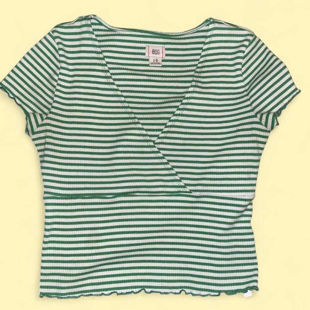 Green White Stripe Ribbed Wrap V-Neck Short Sleeve Top